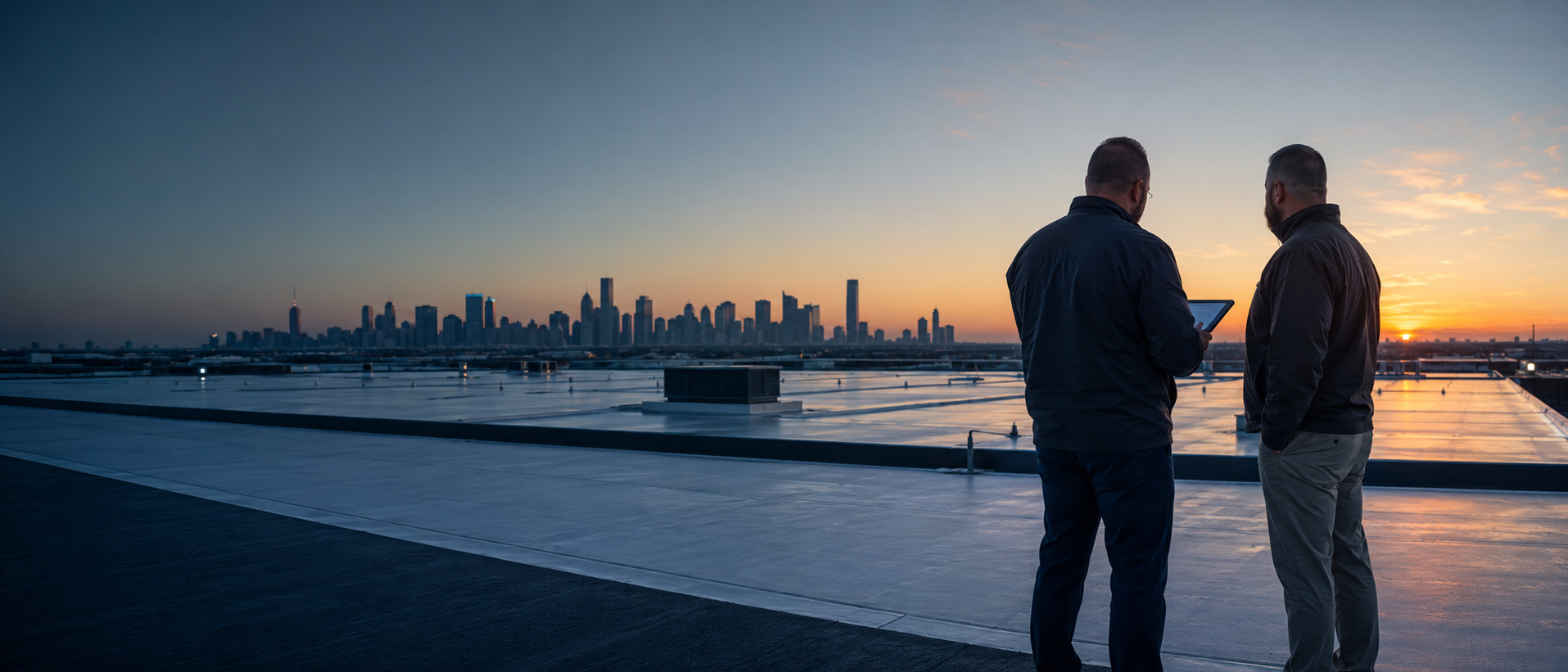 Commercial roofing leaders collaborating on a low-slope roof